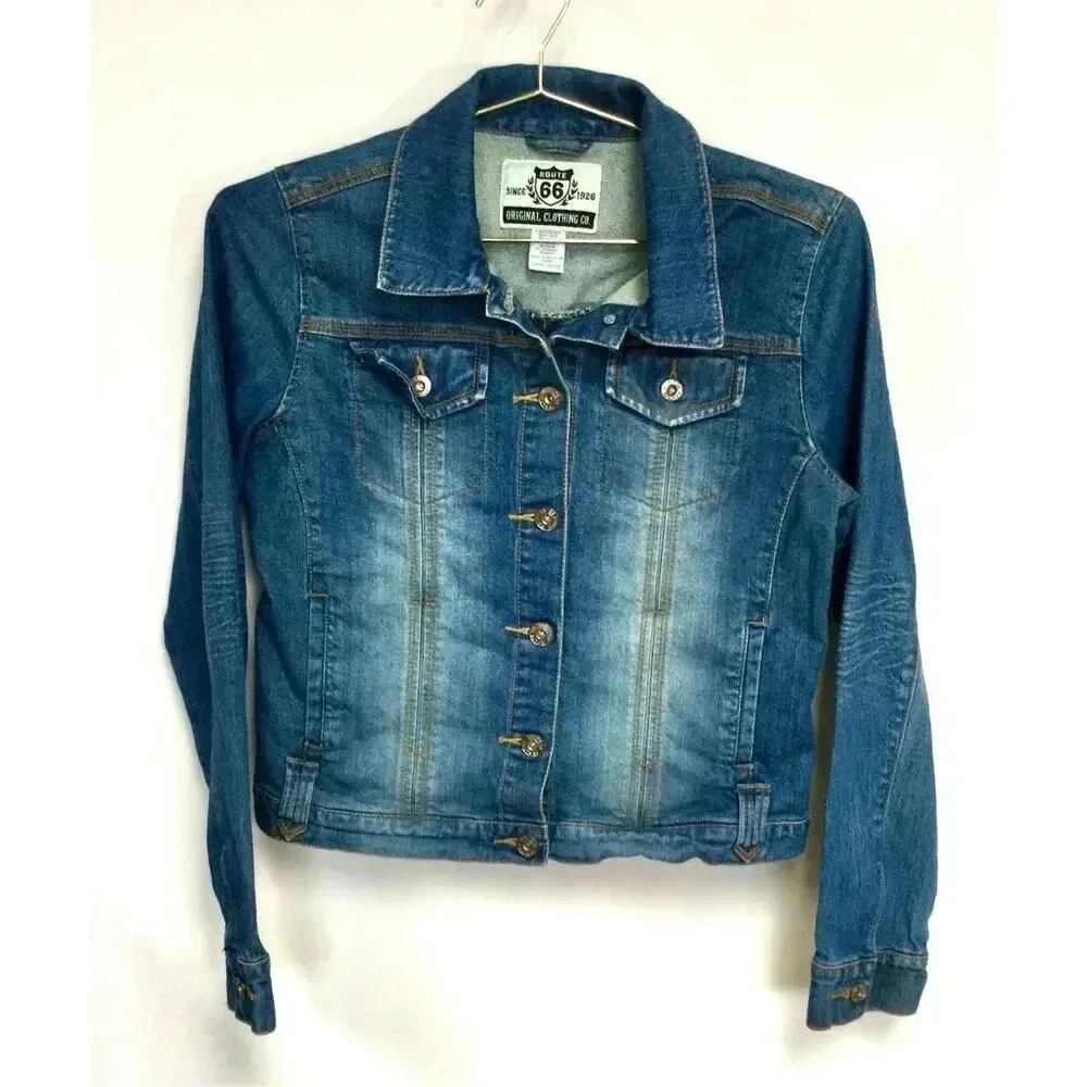 Vintage Route 66 Womens Blue Denim Jean Jacket Medium Stone Wash Elbow Large‎
